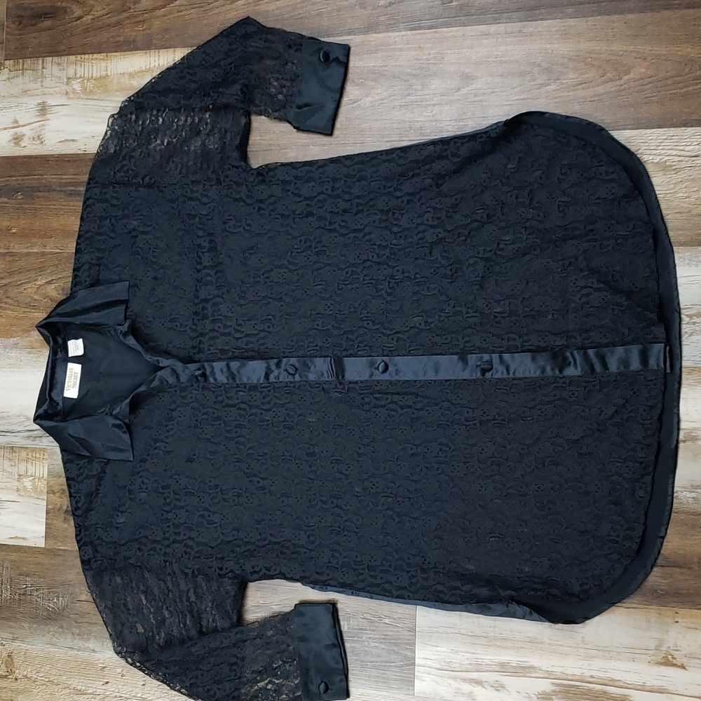 Vintage Victoria's Secret Gold Label Collared Sheer Lace Front Button Down Sz M